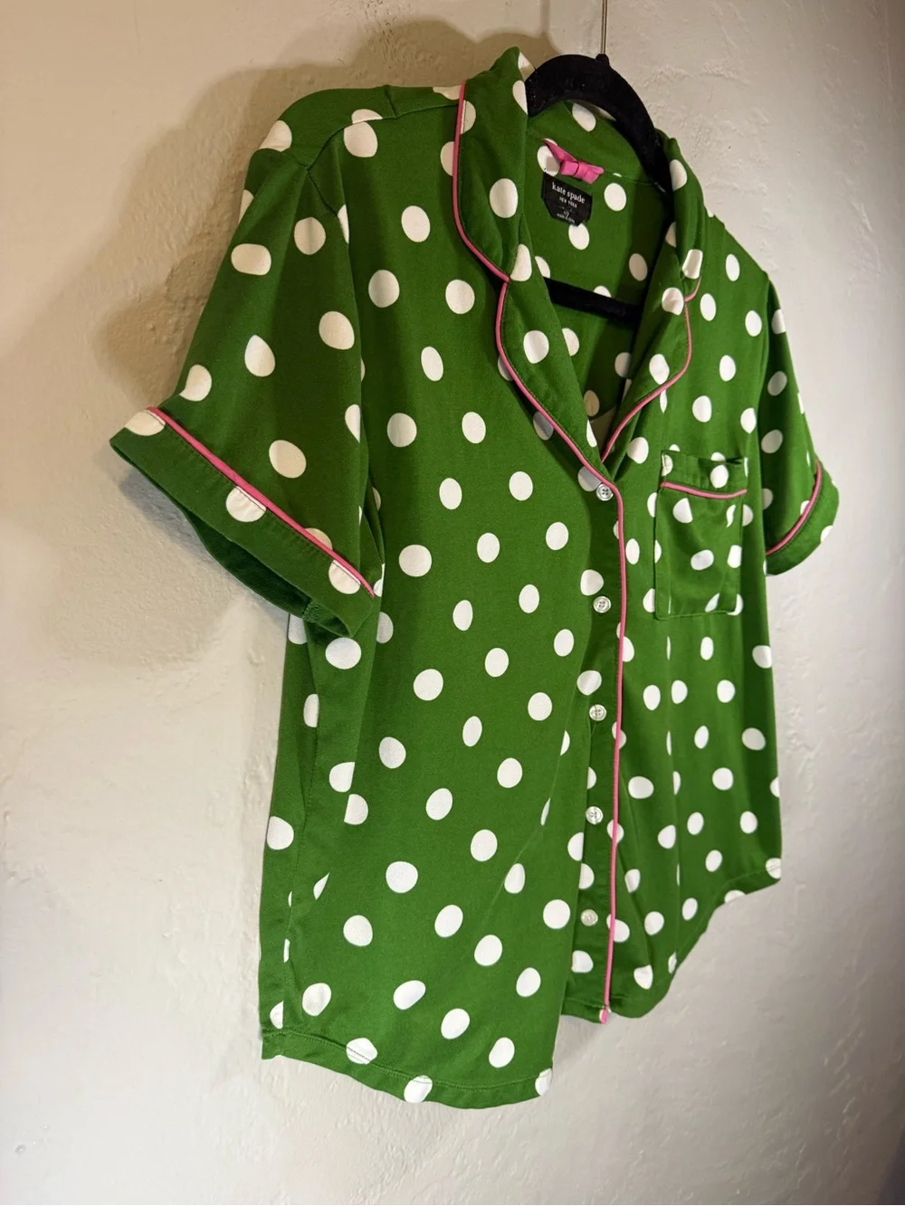 Kate Spade Green & White Polka Dot Short Pajama Set with Pink Trim